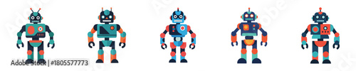 Robot Vector Colorful Retro Sci Fi Flat Humanoid Cartoon Illustration Set