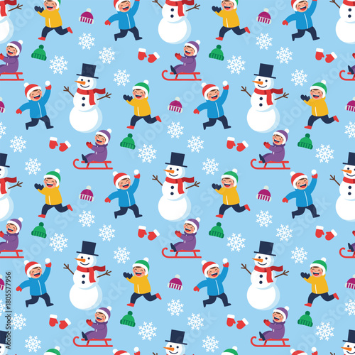 Snowman Pattern Vector. Seamless Snowman Pattern with happy children laughing in winter. Winter fun with kids. seamless pattern Background.