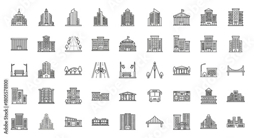 Collection of Diverse Building Icons Representing Architecture and Cityscapes. Vector Illustrations. EPS Editable