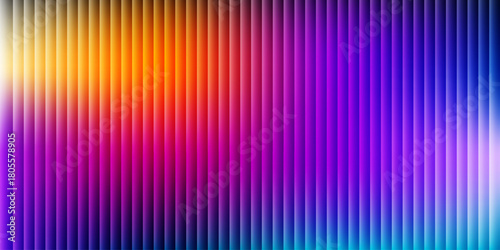 Glass ripple texture with dark gradient background and vivid orange, blue, and lilac light streaks. Futuristic distortion, moody abstract glow, reeded vertical blur. Vector illustration