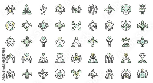 Collection of Diverse Human Figures and Group Icons Representing Social Interaction and Community. Vector Illustrations. EPS Editable