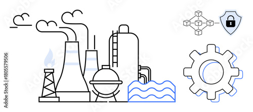Industrial structures with chimneys, fire, water waves, gear, shield, and blockchain network. Ideal for technology, safety, industry innovation efficiency manufacturing sustainability concepts