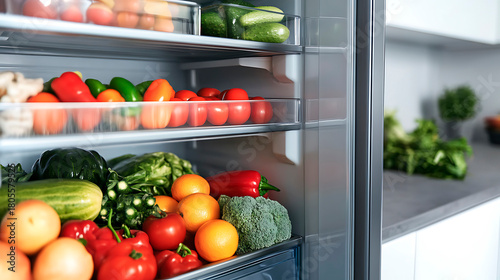 Wallpaper Mural Refrigerator interior organizing a variety of fresh fruits and vegetables on clear shelves, promoting healthy eating and food storage Torontodigital.ca