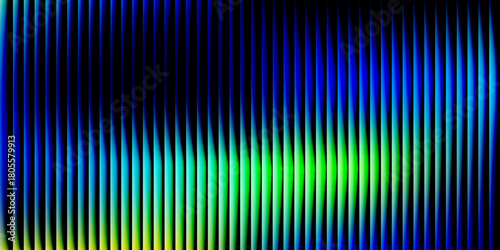 Glass ripple texture with dark gradient background and vivid orange, blue, and lilac light streaks. Futuristic distortion, moody abstract glow, reeded vertical blur. Vector illustration