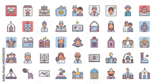 Collection of Diverse People and Religious Icons in a Grid Layout. Vector Illustrations. EPS Editable