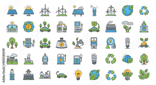 Collection of Eco Friendly Energy and Green Technology Icons. Vector Illustrations. EPS Editable