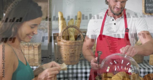 Customer choosing pastry, bakery staff using tongs placing into bag to buy, charts over scene
