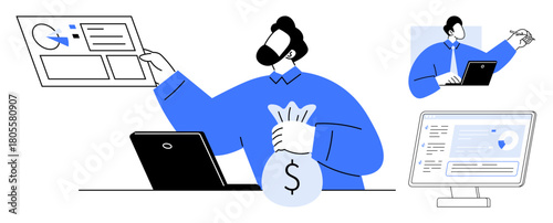 Man analyzing data with charts, secure transaction on screen, holding money bag. Ideal for finance, investment, data analysis, online security, wealth fintech business. Simple flat metaphor