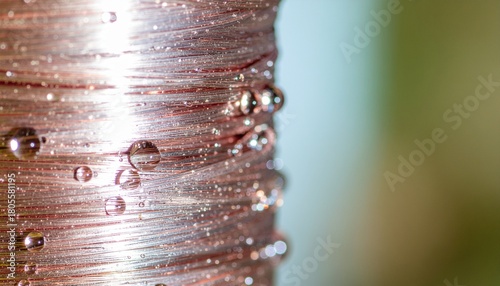 Stunning close-up of shiny copper wire with glistening water droplets, perfect for industrial designs and technology themes, showcasing intricacy and detail