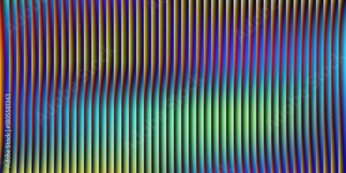 Glass ripple texture with dark gradient background and vivid orange, blue, and lilac light streaks. Futuristic distortion, moody abstract glow, reeded vertical blur. Vector illustration