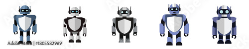 Set of Futuristic Shielded Robot Characters with Modern Protective Armor Vector