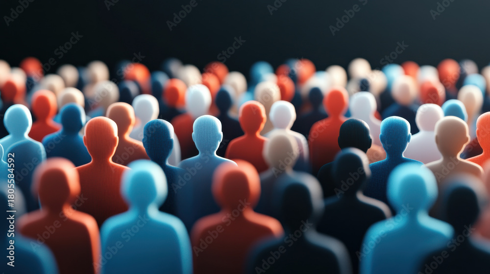 Obraz premium Dynamic crowd of human silhouettes in red, blue, black, and white colors with blurred background creating sense of depth and movement