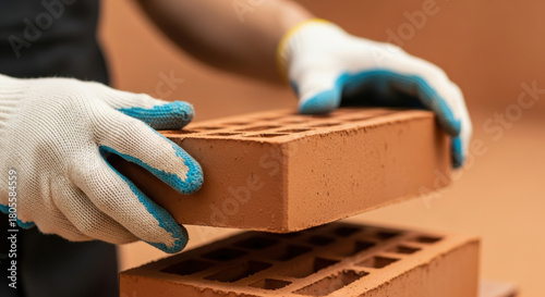 Careful construction worker hands in protective gloves stacking hollow clay bricks with precision on construction site, closeup of masonry process and building detail