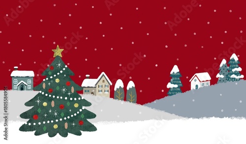 Fotografía 大きなクリスマスツリーと北欧の街並みに雪が降るクリスマスの風景イラスト　クリスマスカラー