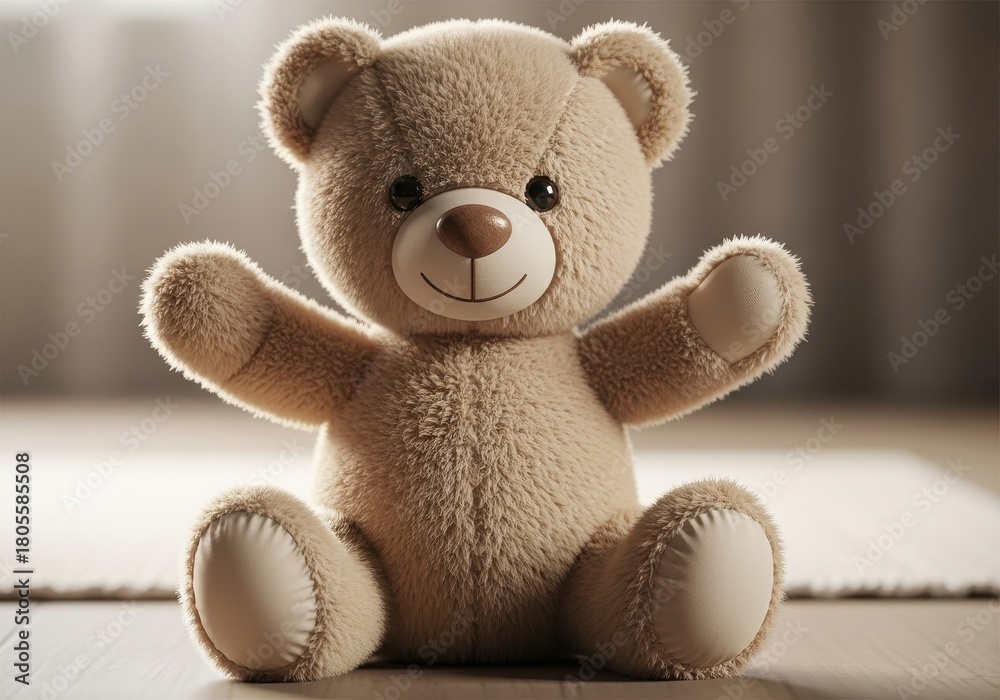 Obraz premium Fluffy brown stuffed bear sits with arms raised in a welcoming gesture