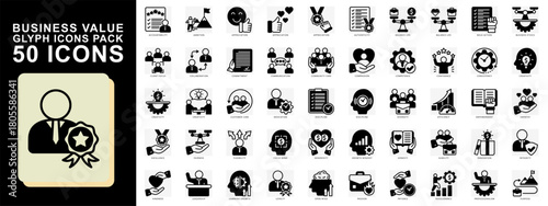 Businss Value glyph icons set. contain accountability, ambition, apreciation, creativity, discipline, loyalty and more. Vector for modern concept, print, UI, UX kit, web and app development.