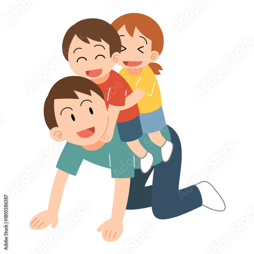 子どもたちを背中に乗せるお父さんのイラスト