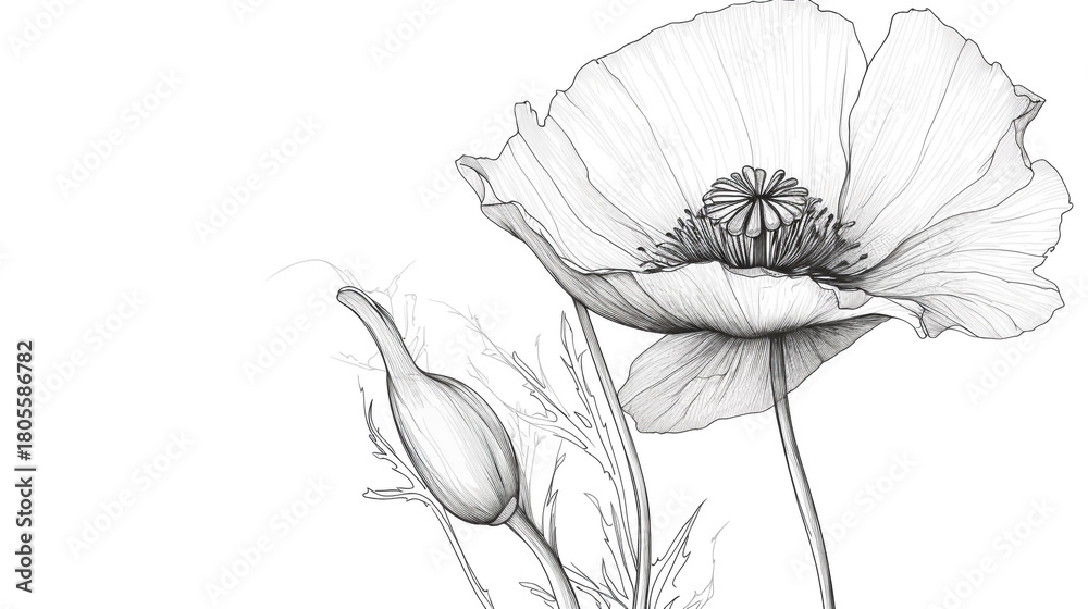 Fototapeta premium Detailed pen and ink drawing of a poppy flower, showcasing intricate stippling and line work, isolated on white background, creating a striking botanical illustration