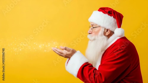 Santa Claus Blowing Sparkles from His Hands on Yellow Background Christmas holiday