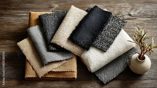A clean flat lay of different textured fabric swatches in a monochrome palette, showcasing material variations