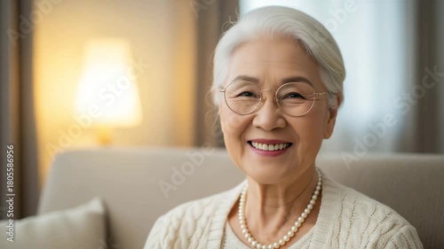 Smiling elderly Asian woman with glasses and pearl necklace senior