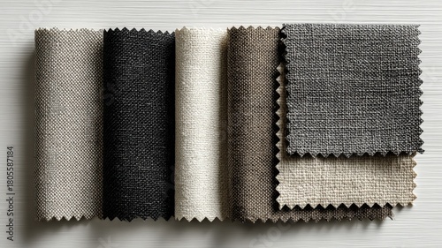 A clean flat lay of different textured fabric swatches in a monochrome palette, showcasing material variations