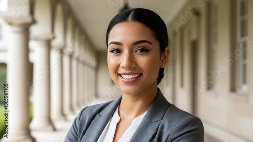 Smiling Young Woman in Business Attire Outdoors portrait