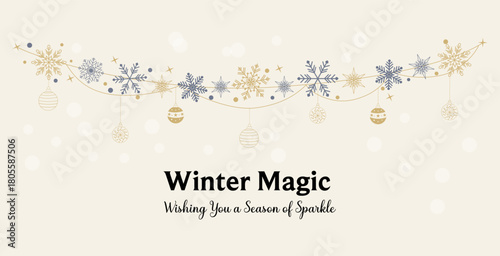 A festive, elegant horizontal banner featuring a decorative garland of gold and muted blue snowflakes, stars, and hanging Christmas ornaments against 