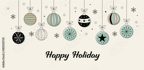 A mid-century modern style banner featuring a row of hanging Christmas ornaments in a muted color palette of black, teal, and beige, decorated with snowflakes and simple patterns.