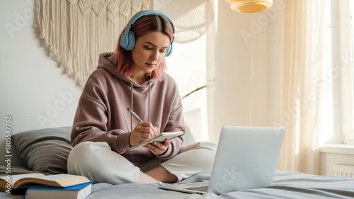 Young Woman Studying Online with Headphones and Laptop student learning