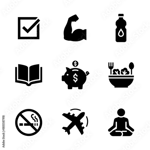 Icon set depicting healthy lifestyle choices and habits  