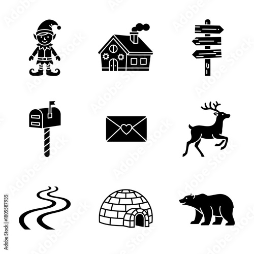 Icon set featuring holiday symbols like elf, deer, and igloo  