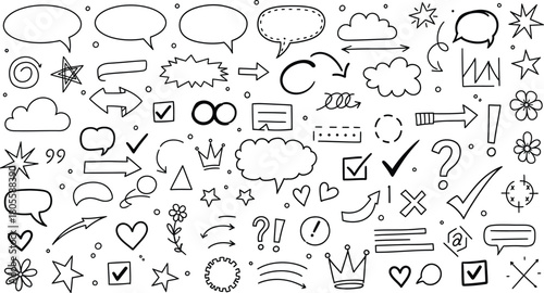 Black and white hand drawn doodle elements set vector