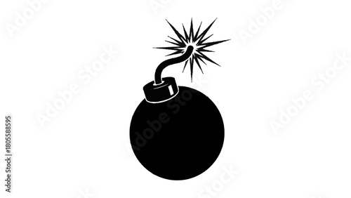 Vector illustration of black and white illustration of a classic round bomb with a lit fuse, isolated on transparent background 