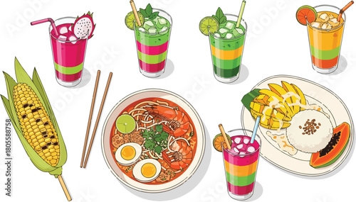 A vibrant collection of Thai cuisine and refreshing beverages showcasing traditional dishes and colorful drinks.