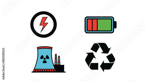 Vector illustration of energy and environmental icons lightning bolt, battery, nuclear power plant, and recycling symbol, isolated on transparent background