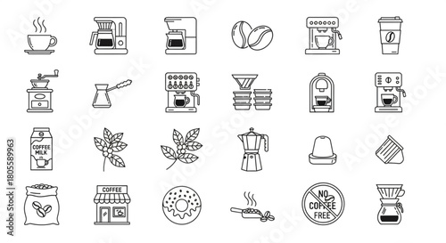 Coffee Brewing Process with Various Coffee Makers and Equipment in Minimalist Line Art Style, Digital Illustration, Studio View, Technology Concept
