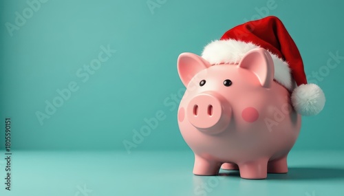 A cheerful piggy bank wears a festive Santa hat , present, christmas hat, red
