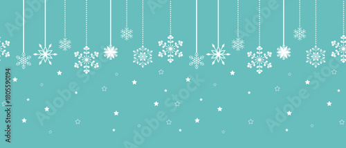Elegant winter border with hanging snowflakes on a teal background, featuring delicate stars and falling sparkles, ideal for Christmas cards, seasonal decorations, festive packaging, winter graphic