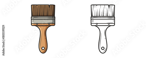 Vector illustration of two cartoon-style house painter's flat brushes with brown wooden handles and brown bristles on a white background, one in full color and the other as a black and white outline d