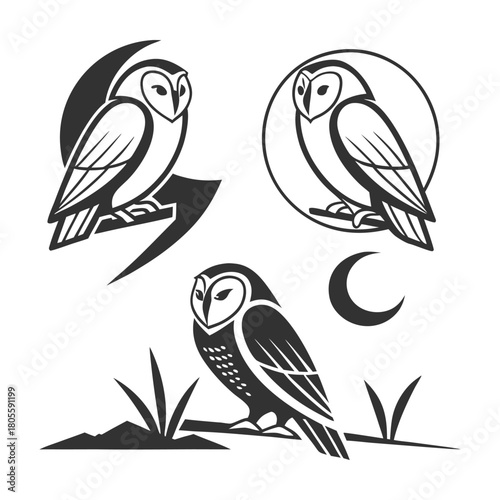 Barn Owl Logo Set - Monochrome Vector Illustrations