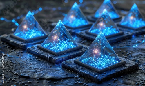 Futuristic abstract pyramids glowing with blue light on dark textured surface