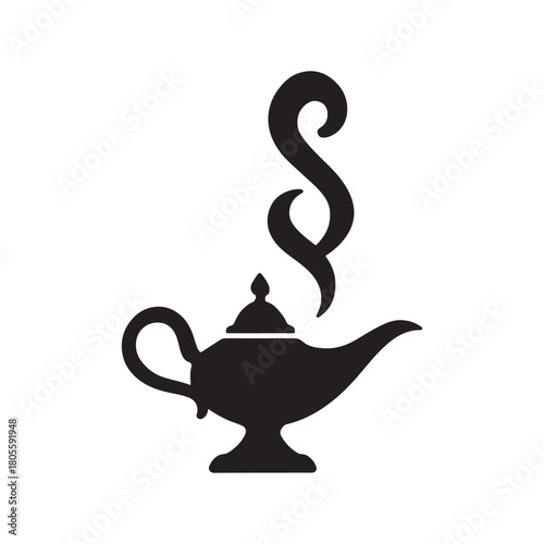 Magic Lamp Silhouette Illustration for Wish Fulfillment and Arabian Nights Tales with Smoke Effect on White Background Vector