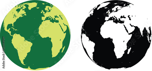 Two planet Earth globes green yellow and black white