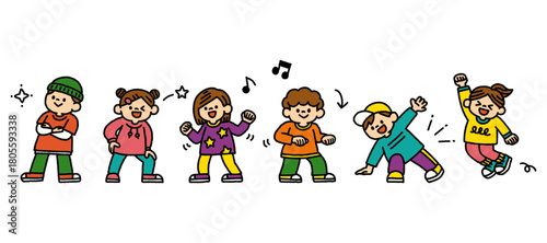 子供たちがダンスを楽しむカラフルな手描きのイラストセット