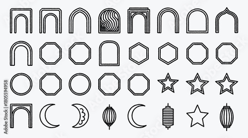 Geometric Shapes and Arabic Architecture Elements Line Art Collection