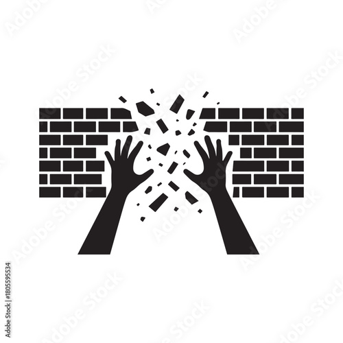 Breaking down barriers with hands smashing through a brick wall illustration symbol of overcoming obstacles and achieving success overcoming limitations
