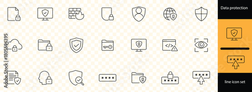 Data protection Web Icon Set in Line Style. Collection of Cyber security Linear Icons, Including Computer hacking, privacy, secured, technology, network, personal information and more