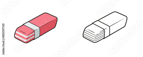 Vector illustration of two rectangular cartoon-style school erasers with a white paper wrapper on a white background, one in pink and white color and the other as a black and white outline drawing for