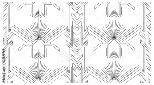 A seamless, repeating Art Deco style geometric pattern with symmetrical lines and abstract fan-like motifs.